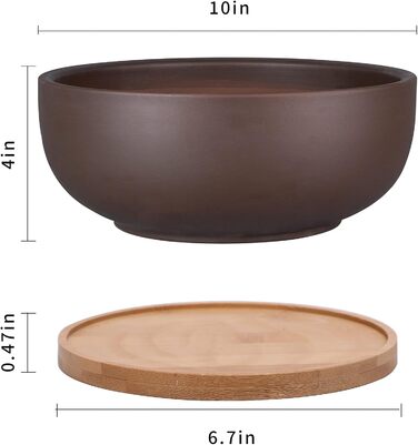 Теракотовий горщик 25 см, великий горщик для сукулентних бонсай з дренажним отвором та бамбуковим блюдцем для кімнатних рослин, коричневий