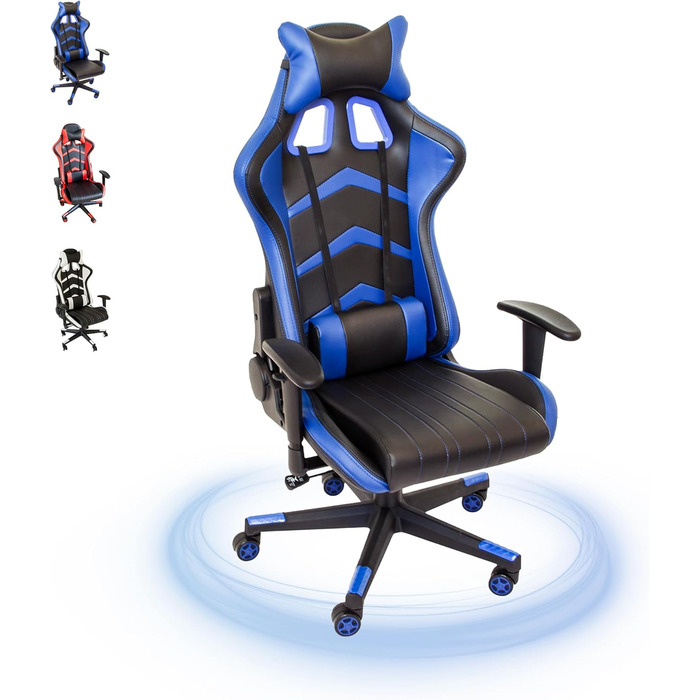 Ігрове крісло NATIV з механізмом гойдання Офісне крісло з регульованою висотою Обертове робоче крісло Підлокітники з регульованою висотою Чорний/Синій До 150 кг Штучна шкіра Захист від гніву 16 кг, чорний/синій
