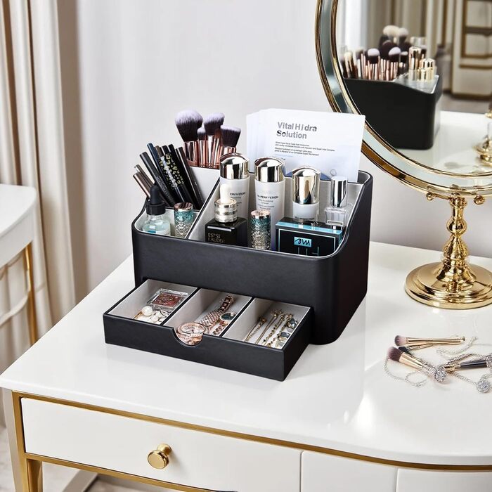 Органайзер для косметики KINGFOM, органайзер для макіяжу зі штучної шкіри з шухлядою, органайзер для догляду за шкірою для туалетного столика (чорний)