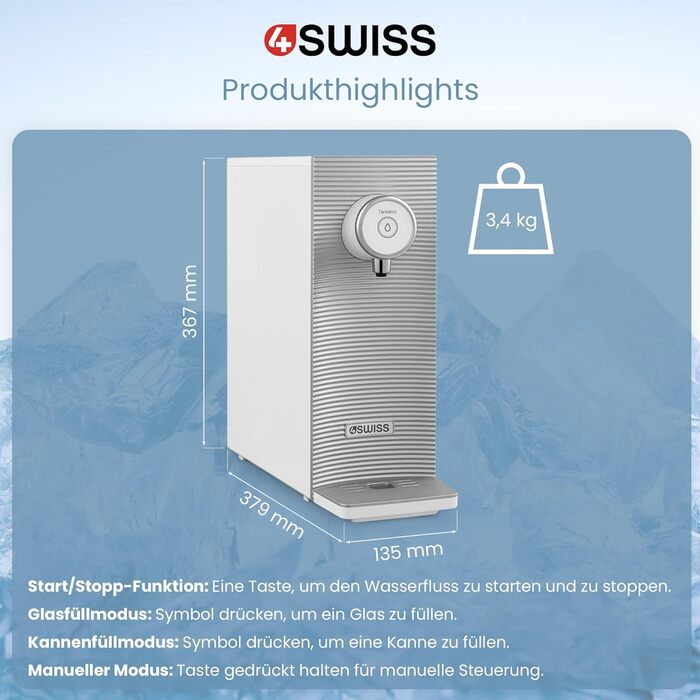 Система фільтрації 4SWISS для побутової води, 5-ступінчаста система прямого фільтрування питної води з трьома змінними картриджами та чотирма режимами дозування води (чорний)