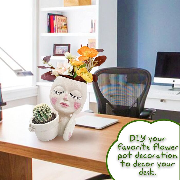 Горщик для рослин на обличчі - Подвійні квіткові горщики для кімнатних і вуличних рослин, кашпо з смоляної головки з дренажним отвором, милі горщики для рослин у формі жіночого обличчя, садові прикраси, середній розмір, ніжні накладки на обличчя