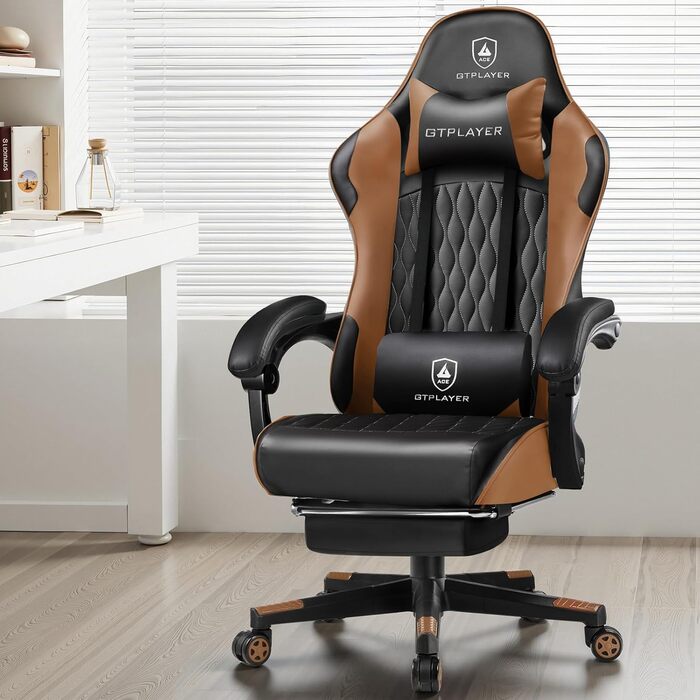 Ігрове крісло LUCKRACER, ергономічне офісне крісло з підставкою для ніг, регульованим поперековим відділом хребта та підголівником, м&39яке ігрове крісло, вантажопідйомність 150 кг, коричневий колір