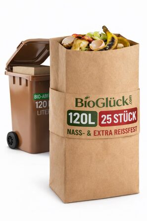Пакети для органічних відходів BioGlck 120 л 25 шт. для контейнера для органічних відходів Надзвичайно стійкі до розривів та вологостійкі Надійно зберігають контейнер чистим та сухим 25 шт. (1 упаковка)