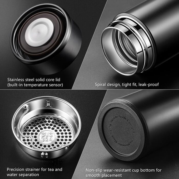 Термос-пляшка з вакуумною ізоляцією об&39ємом 0,5 л, пляшка для води з нержавіючої сталі 304/316, сенсорний світлодіодний дисплей температури, герметична, без BPA, для дому, офісу, подорожей, спорту, чорна термопляшка 500 мл