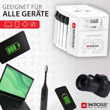 Універсальний дорожній адаптер SKROSS (2-полюсний) з портами USB-A та USB-C, компактний перехідник для ноутбуків із кабелем USB-C