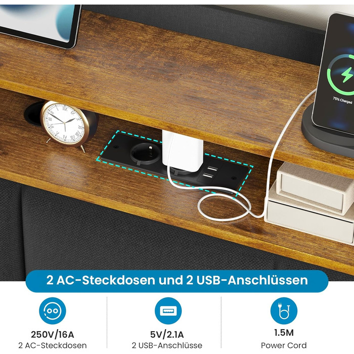 М&39яке ліжко 140x200 см, плаваюче ліжко зі світлодіодним освітленням, узголів&39ям та зарядною станцією (2 розетки змінного струму, 2 USB-порти), ліжко 140x200 з місцем для зберігання речей, сучасне двоспальне ліжко з рейковою основою, льон, сірий колір,