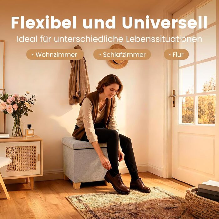 Пуф для зберігання Sweetcrispy, невелика складна лавка, 38 x 38 x 38 см, коробка для зберігання з кришкою як табурет та пуф для ніг, вантажопідйомність до 300 кг, для вітальні, спальні, коридору, світло-сірий