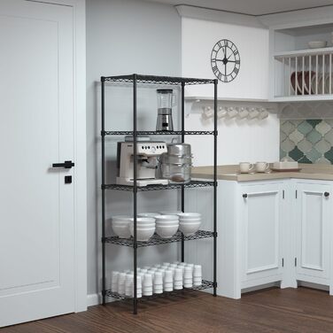 Полиця для зберігання WORKPRO з 5 полицями, регульованими по висоті, та регульованими ніжками, металева полиця, полиця для підвалу, полиця для майстерні, вантажопідйомність до 340 кг, 75x35x150 см, з 4 гачками, чорний колір