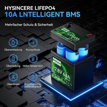 Літій-іонний акумулятор 12V 6Ah LiFePO4 з інтелектуальним захистом 10A BMS, акумулятор з 3000 глибокими циклами зарядки/розрядки для автофургонів, аварійного освітлення, кемпінгу, ехолотів, газонокосарок, сонячних панелей