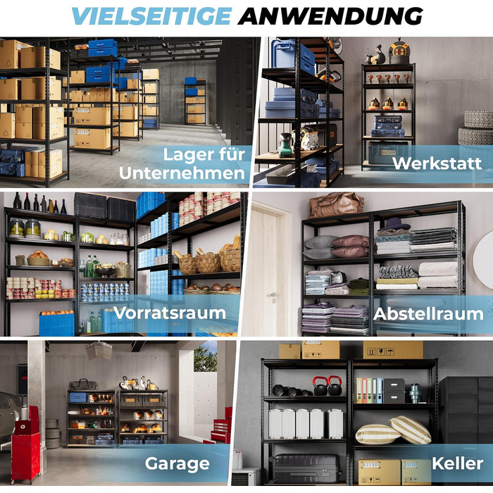 Високий міцний стелаж ALL Premium 180x90x40 см - Комплект з 2 шт. , Чорний, Вантажопідйомність 1250 кг, Міцний металевий стелаж для підвалу, Стелажі для зберігання та комори, Ідеальні стелажі для підвалів, підвалів та комор, 2 x 180x90x40 см, Чорний