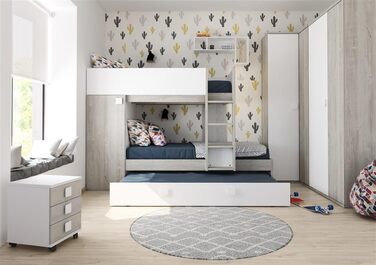 Двох'ярусне ліжко для двох дітей з висувним спальним місцем і шафою для одягу в білому кольорі