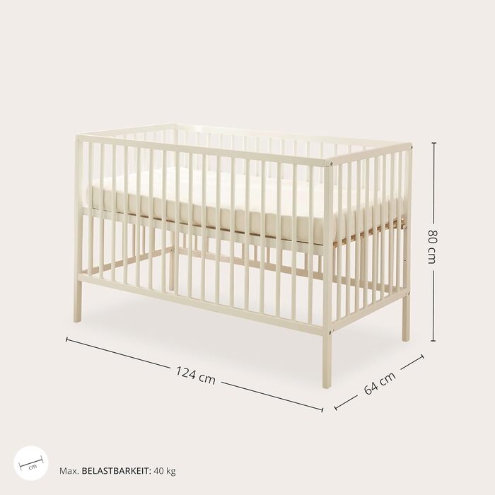 Дитяче ліжко Celia Safe 60x120 см з масиву бука білого кольору - Функціональне дитяче ліжечко з регульованою по висоті рейковою основою - 64 x 80 x 124 см (Ш/В/Г)