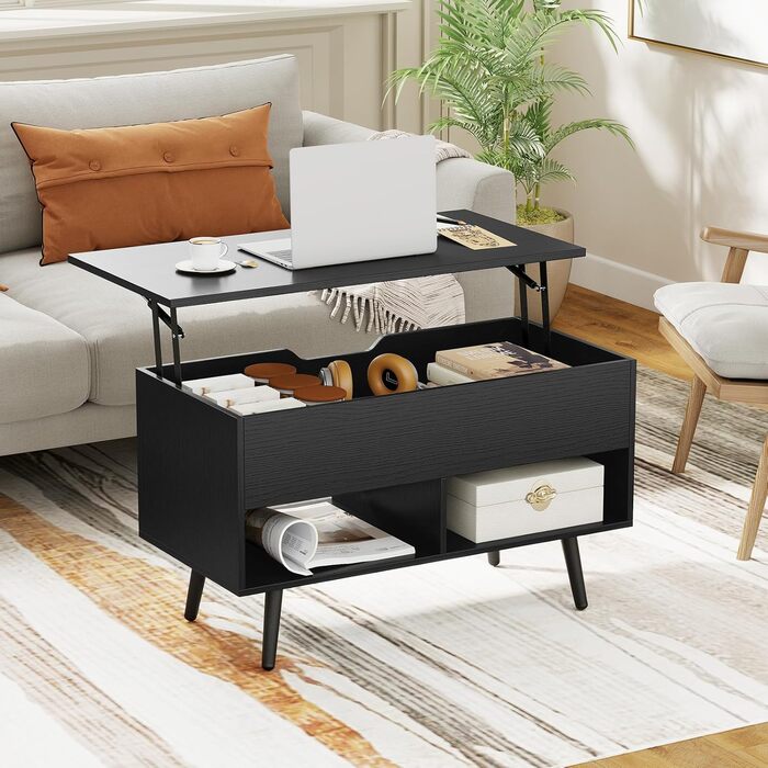 Журнальний столик COSTWAY з регульованою висотою, диван-столик з підйомною стільницею та 2 відкритими полицями, розсувний дерев&39яний журнальний столик для вітальні, офісу, 80 x 40 x 46-60 см (чорний)