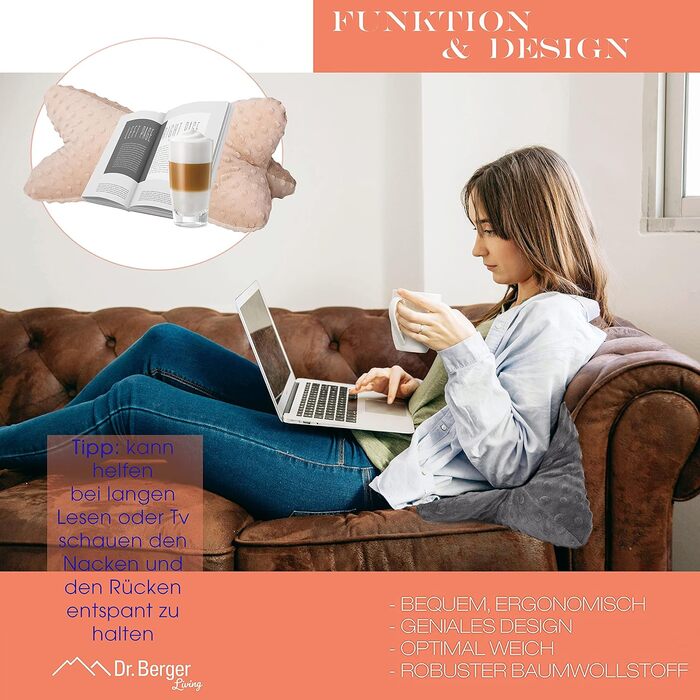 Подушка для шиї Dr. Berger Reading Bone для читання 40x18 см, дизайн Minky - 380 г бавовна, надзвичайно пухнаста - Ергономічна подушка для шиї для релаксації, комфортного читання, перегляду телевізора, подорожей, природи 40 x 18 см натуральний колір