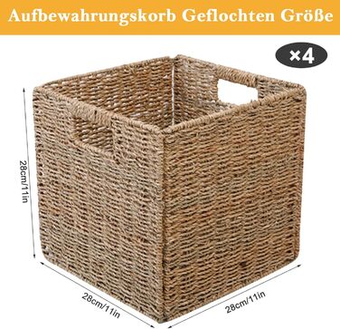 Набір плетених кошиків для зберігання з 4 предметів, складаний плетений кошик для зберігання Kallax, 28 x 28 x 28 см, міцний кошик для зберігання з ручками для полиць, комори, ванної кімнати, вітальні