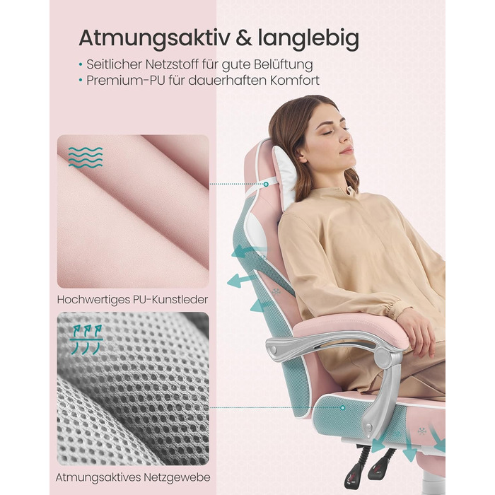 Ігрове крісло SONGMICS, офісне крісло з підставкою для ніг, робоче крісло з підголівником та поперековою подушкою, регульована висота, ергономічне, вантажопідйомність до 150 кг, пастельно-рожевий OBG073P01 пастельно-рожевий кремово-білий