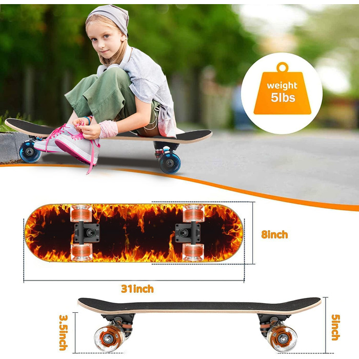 Скейтборди з різнокольоровими миготливими колесами для початківців, дітей, підлітків, дорослих, комплект стандартних скейтбордів, 9-шарова кленова дека, увігнутий скейтборд 2-Fire Skateboard-DE