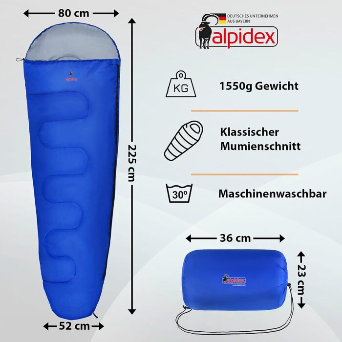Спальний мішок Mummy, 4 сезони, 225 x 80 см -17 C, 400 г/м, невеликий розмір, ультралегкий, для подорожей, кемпінгу, трекінгу, відпочинку на природі, теплий, синій, лівий