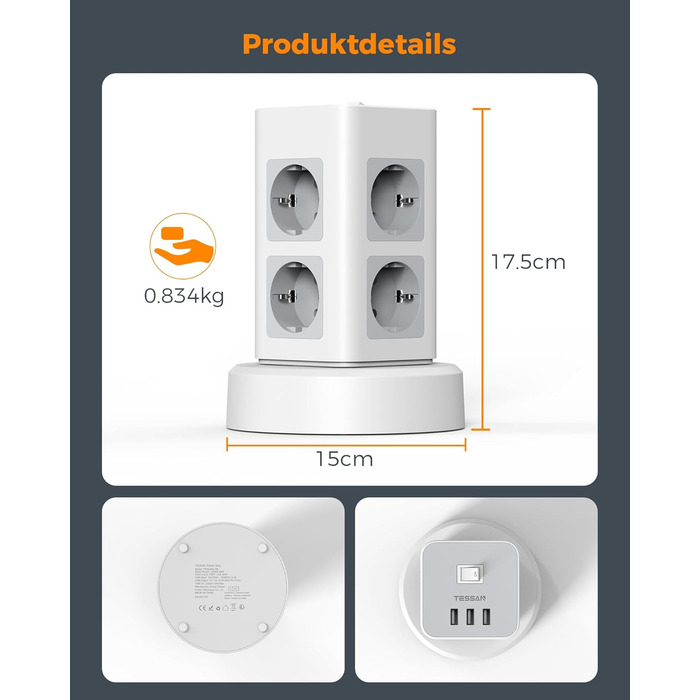 Розетка TESSAN на кілька штепсельних розеток з USB, розетка на 8 відділень з висувним подовжувачем, розетка на кілька штепсельних