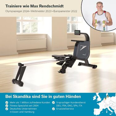 Гребний тренажер Skandika Njord Гребний ергометр з 16 рівнями опору, складаний, студійної якості, система маховика 8 кг, макс. 180 кг, довга напрямна, Kinomap, Bluetooth Домашнє фітнес-обладнання