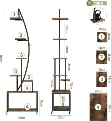 Підставка для рослин з лампою для вирощування, 7-рівнева підставка для квітів (165 см), полиця для рослин з металу та дерева з фіксуючими колесами, підставка для квітів для внутрішнього/зовнішнього використання, декоративна підставка для квітів для саду а