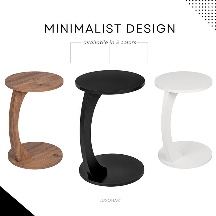 С-подібний приставний столик Luxora з коліщатками, круглий диванний столик чорного кольору, невеликий приставний столик, який можна використовувати як журнальний столик, столик для телефону, столик біля ліжка, столик для ноутбука та журнальний столик (чор