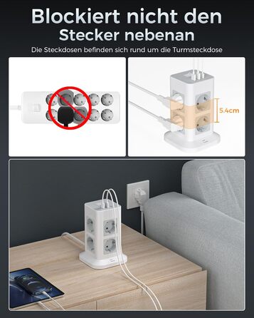 Захист від перенапруги на кілька розеток 3600 Вт 16А, розетка TESSAN 8 відділень USB C з декількома вилками, розетка з подовжуваче