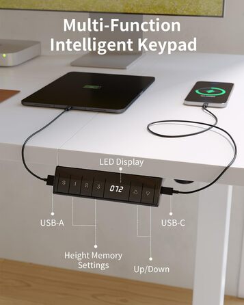 Стіл FEZIBO з регульованою висотою та портами зарядки USB-A та USB-C, 140 x 70 см, стіл з електричним регулюванням висоти, ергономічний стіл для домашнього офісу з можливістю сидіти та стояти, білий 140 x 70 см