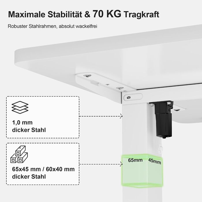 Регульований по висоті письмовий стіл JUMMICO 160x70 см, з USB-портом, пам'яттю на 2 режими, системою антиколазії та функцією нагадування, білий