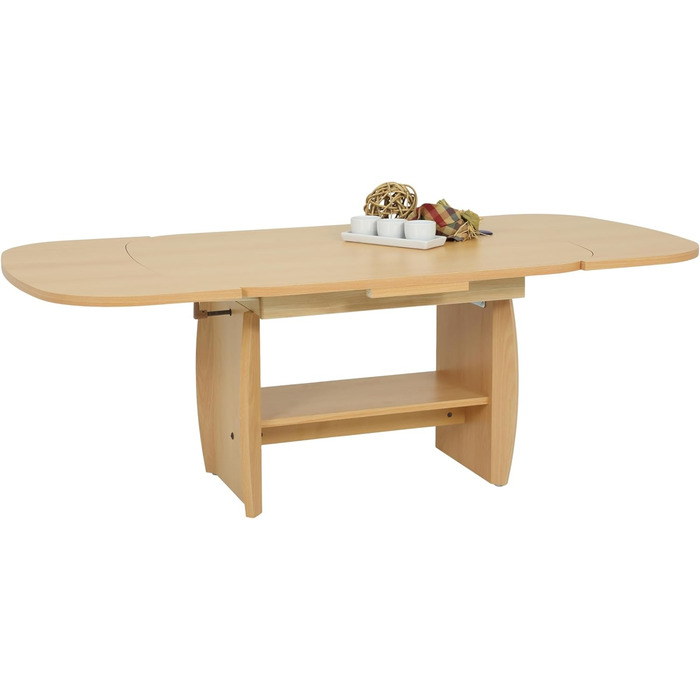 Функціональний журнальний столик Michael, імітація дерева з меламіновим покриттям, декор бука, розсувний 90-142 см, регульована висота за допомогою ручки 52-62 см