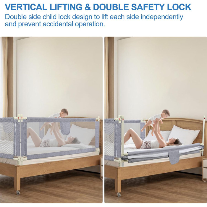 Бортики для ліжка, захист від падіння, 2 x 200 см 1 x 180 см, регульовані по висоті дитячі бортики для ліжка 64-96 см, захисні бортики для ліжок малюків, бортики для дитячого ліжка з повітропроникною сіткою - сірі, 2 x 200 см 1 x 180 см