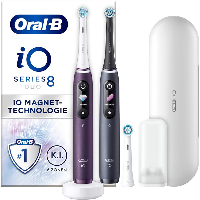 Електрична зубна щітка Oral-B IO Series 8, подвійна упаковка та 3 щітки, 6 режимів чищення для догляду за зубами, магнітна технологія, кольоровий дисплей, дорожній кейс, фіолетовий аметрін/чорний онікс