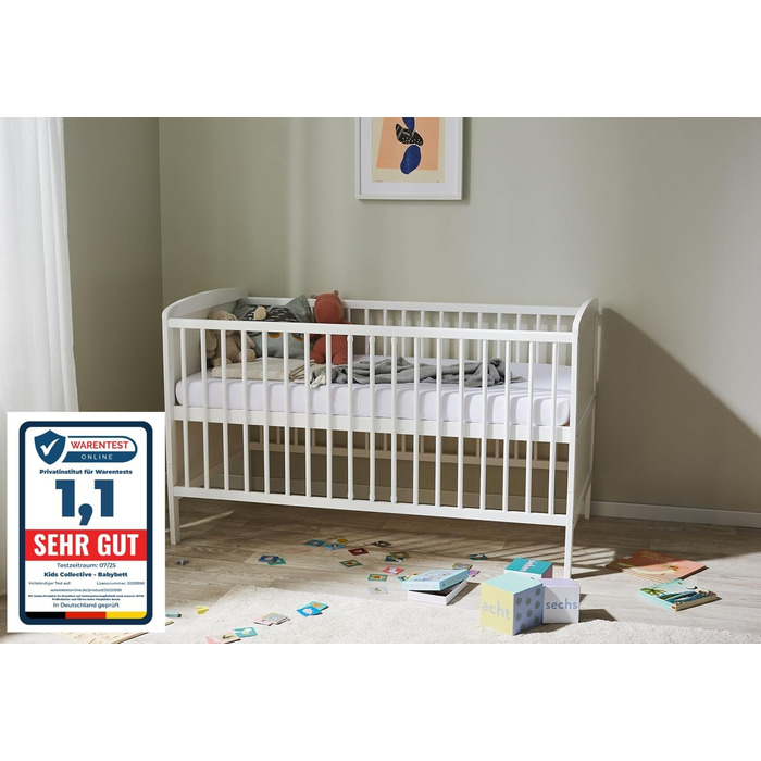 Дитяче ліжко/ліжечко Kids Collective 70x140, що трансформується, з регульованою висотою та знімними поручнями Білий масив сосни, зроблено в Європі Від народження до 6 років 70 x 140 см, білий