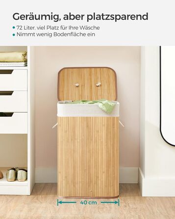 Кошик для білизни з кришкою, 72 л, бамбуковий, складаний, зі знімним мішком для прання, з ручками, для пральні, спальні, колір дер