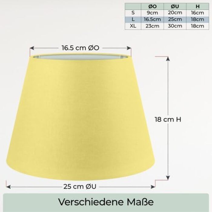 Абажур Wogati Premium E14/E27 Бавовна різні розміри та кольори Колір /Розмір XL Абажур Торшер абажур підвісний світильник абажур для настільної лампи (жовтий, L ØU 25см ØO 16,5 см H 18 см)