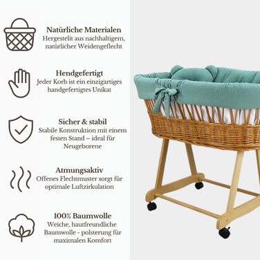 Дитяча колиска з колесами та гальмами кошик Moses з натуральної верби, включаючи матрац та постільну білизну кольору хакі зі 100 бавовни, сертифікована Oeko-Tex безпечна та мобільна модель Amelia