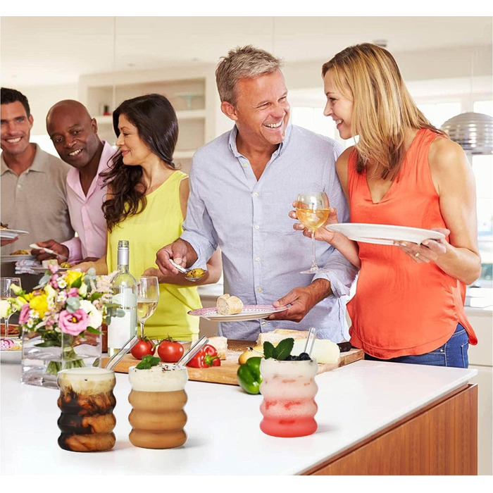 Ребристі склянки для пиття зі скляними соломинками Набір з 4 шт. , склянки для кави з льодом 350 мл, склянки Wave Glasses Tumbler,