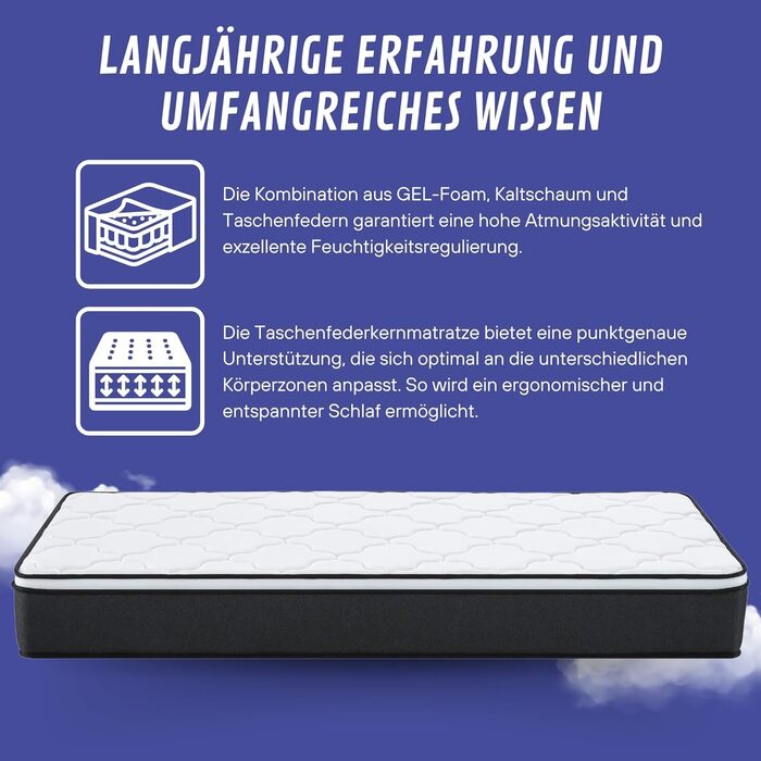 Матрац Arensberger Emilia 90x200 см Пружинний матрац з гелевою піною та інтегрованим топпером Ергономічна висота 23 см Рівень жорсткості H3/H4 Пружинний сердечник HR Pocket Spring 90x200 см, що згортається, точкова еластична стрічка 90 x 200 см