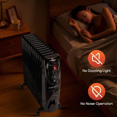 Масляний радіатор Aigostar потужністю 2500 Вт з 13 ребрами, мобільний електричний обігрівач, енергозберігаючий, портативний масляний обігрівач, 3 режими нагріву, термостат, захист від перекидання та перегріву, чорний