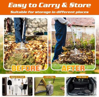Розширений садовий граблі-віяло 22-44 см з регульованою металевою ручкою 2.15 м та рукавичками, граблі для листя, металеві граблі-віяло, граблі для прибирання листя, трави та двору