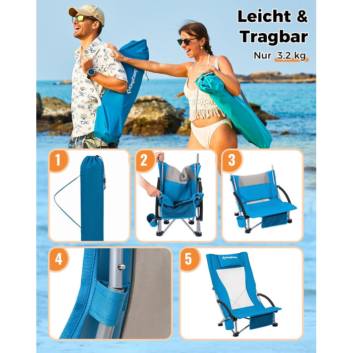 Низький складний пляжний стілець KingCamp, легкий, витримує до 180 кг, складний пляжний стілець із сітчастою спинкою, тримачем для напоїв та сітчастою кишенею, легкий складний кемпінговий стілець, складний стілець для пляжного кемпінгу Hr 2 шт., синє сітч