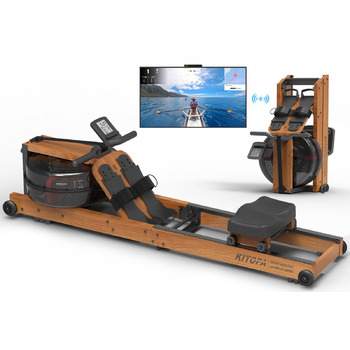 Дерев&39яний водний гребний тренажер Kitopa, складний домашній гребний тренажер з 30-денним членством у Kinomap, максимальний зріст користувача 2 м/160 кг, водний гребний тренажер з Bluetooth-дисплеєм та регульованим тримачем для телефону, коричневий