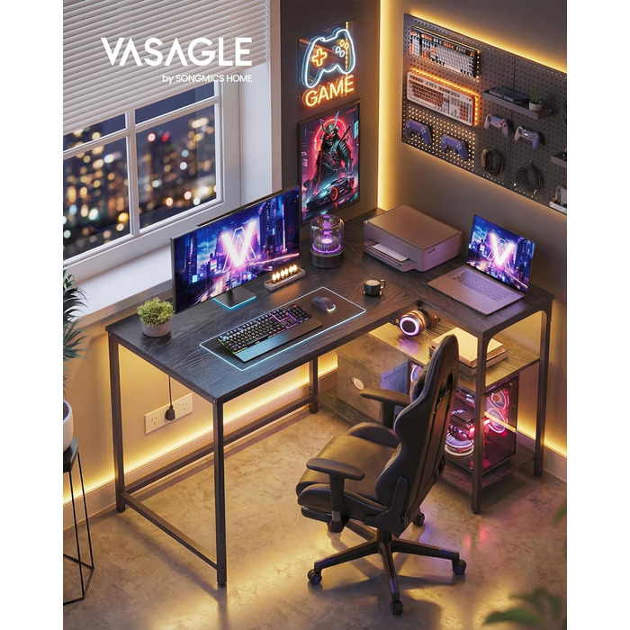 Г-подібний кутовий стіл, комп&39ютерний стіл з місцем для зберігання, офісний стіл, полиця з регульованою висотою, для домашнього офісу, 110 x 80 см, чорний колір ебенового дерева LWD135BE01 Чорний колір ебенового дерева 110 x 80 см Без подовжувача