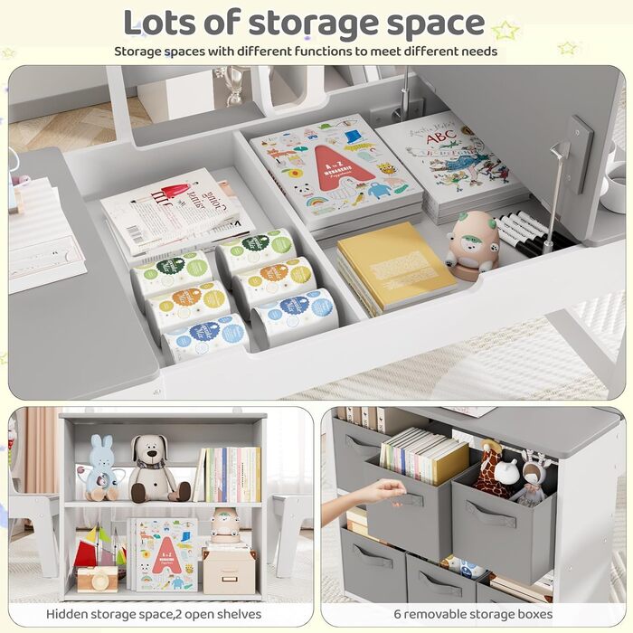 Дитячий стіл MAMIZO з 2 стільцями, дерев&39яний дитячий стіл та комплект стільців, дитячий комплект сидіння з місцем для зберігання та рулоном паперу, стіл для малювання та рукоділля, художній стіл для дітей від 3 років, сірий