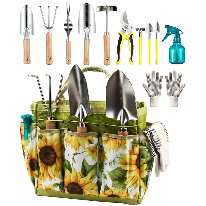 Набір садових інструментів MOSFiATA Gartenwerkzeug 12 предметів, міцна нержавіюча сталь, дерев'яні ручки з антиковзким покриттям та водонепроникна сумка для транспортування