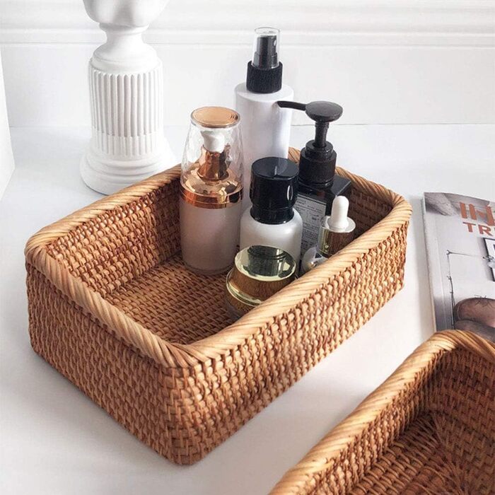 Плетені кошики з ротанга, 30 x 20 x 9 см, прямокутний плетений кошик для фруктів, плетені кошики, кошики для зберігання речей для організації прикрас для вхідної зони, столу, 30x20x9 см