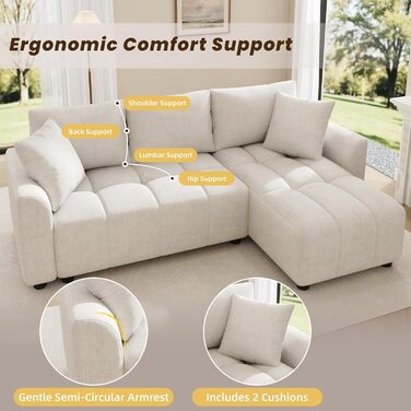 Місний диван BTM, розкладний L-подібний кутовий диван з 2 шениловими подушками, шезлонг, L-подібний диван для вітальні, бежевий S4beige, 3-