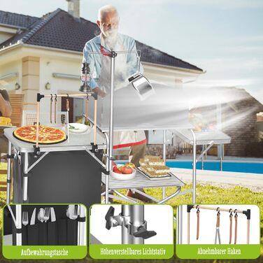 Складана кемпінгова кухня, кемпінгова шафа з алюмінію з 3 робочими поверхнями, відділенням для шафи, підставкою для світла та 4 гачками, вулична кухня, кемпінгова шафа