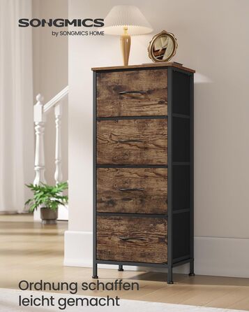 Комод SONGMICS, шафа, 4 тканинні шухляди, шафа для зберігання, сталь, МДФ, неткане полотно, для спальні, коридору, вітальні, вінтажний коричневий-чорний LGS314BH04 4 шухляди вінтажний коричневий чорнильний