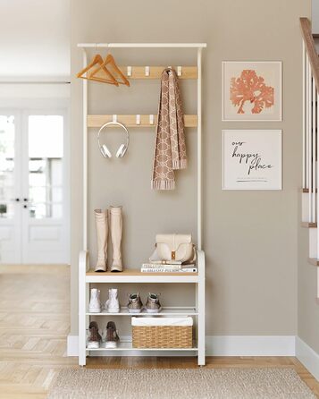 Вішалка для одягу VASAGLE, Шафа з лавкою для взуття, Дизайн 4-в-1, 9 знімних гачків, Штанга для одягу, Вхідна зона, Коридор, 33,7 x 72 x 183 см, Сучасний, Дубово-білий HSR40W 72B см Кремовий